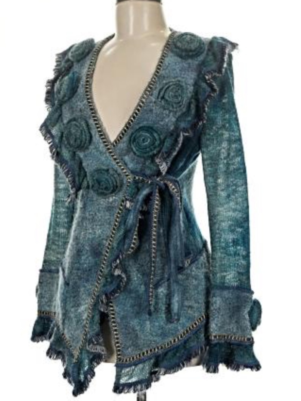 Stylish Boston Proper Teal Textured Wrap Cardigan Jacket Rosette Detail Size M - Picture 9 of 12